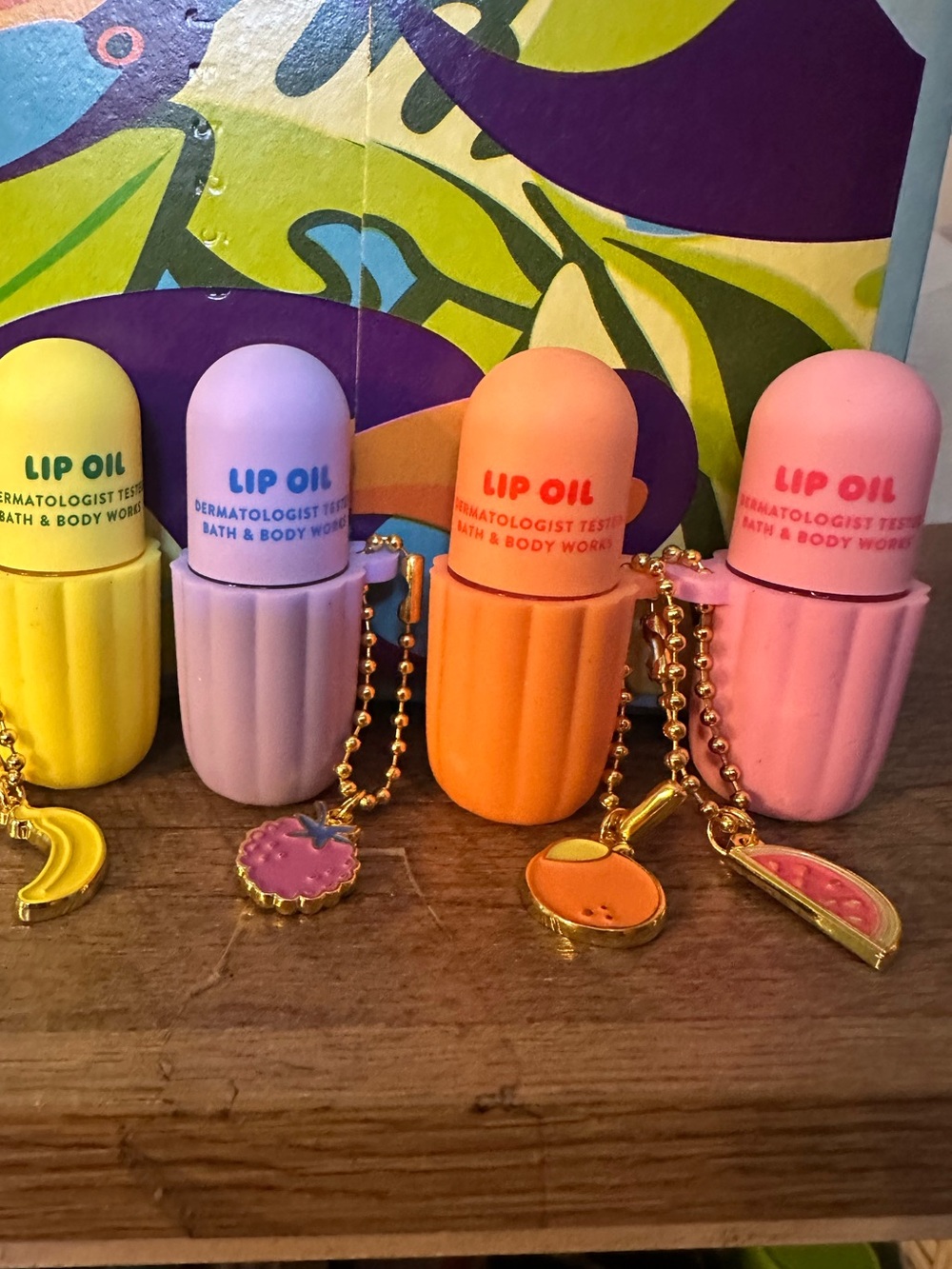 Bath & Body Works Lip Oil Keychains — Yellow, Purple, Orange, Pink